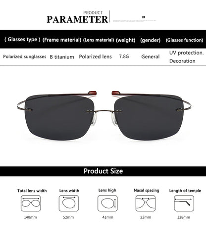 2025 New Cool 100% Pure Titanium Rimless Sunglasses – Polarized Grey Lenses, Super Thin, UV400 Protection, Oculos De Sol