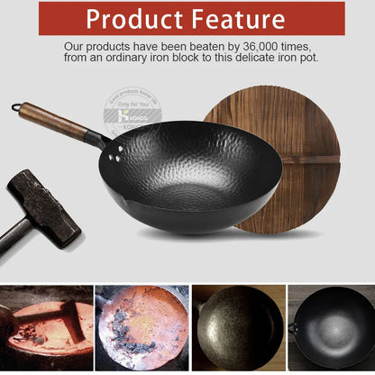 Konco 32cm Cast Iron Wok – Non-Coated Chinese Cookware Pan for Gas & Induction Kitchen Use