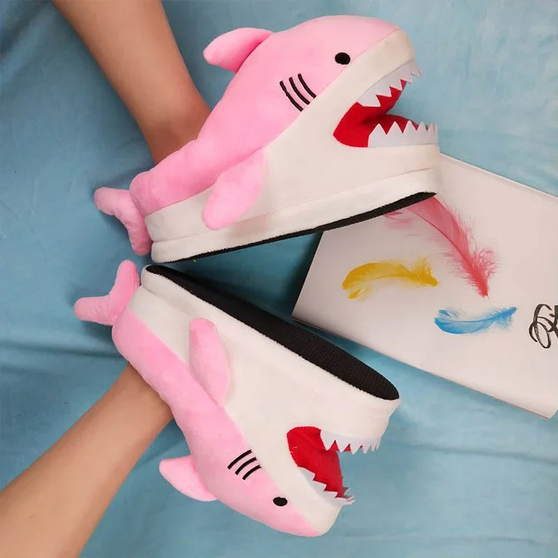 Feerldi Shark Winter Slippers — Cartoon Anime Slip-On Fish Slides for Girls, Boys & Women, Plush Open-Mouth Cotton Shoes