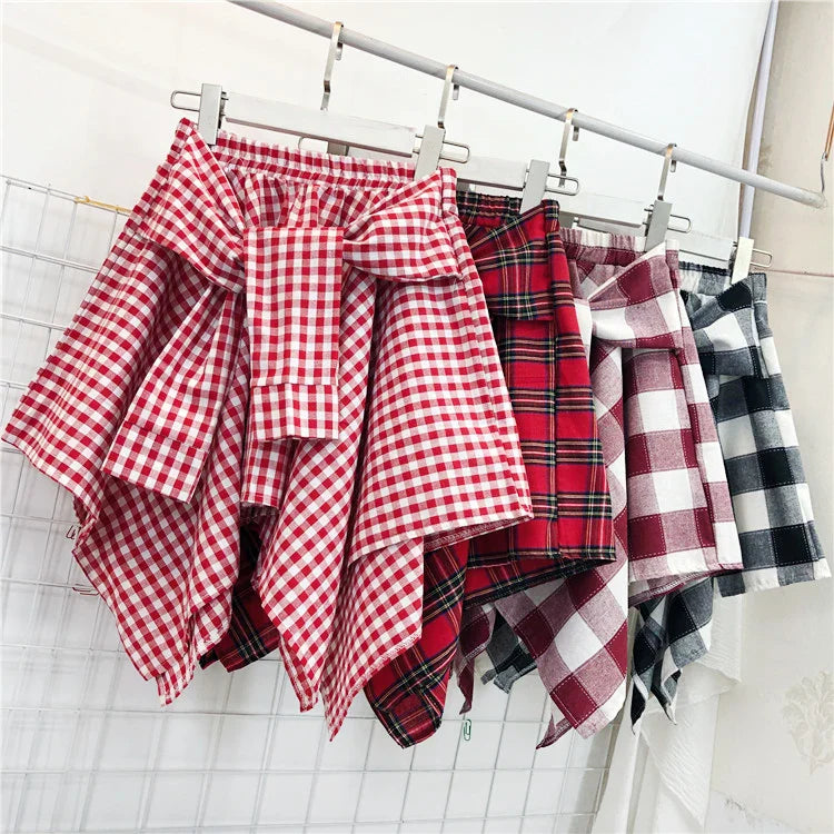 TOTRUST Women’s Fashion Asymmetrical Summer Plaid Mini Skirt – Casual College Style Fake Shirt Design