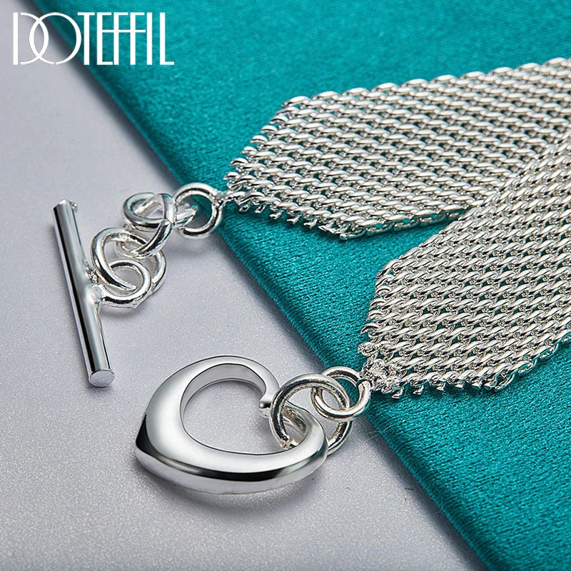DOTEFFIL 925 Sterling Silver Heart Bracelet – Watchband Style Chain Jewelry for Men & Women