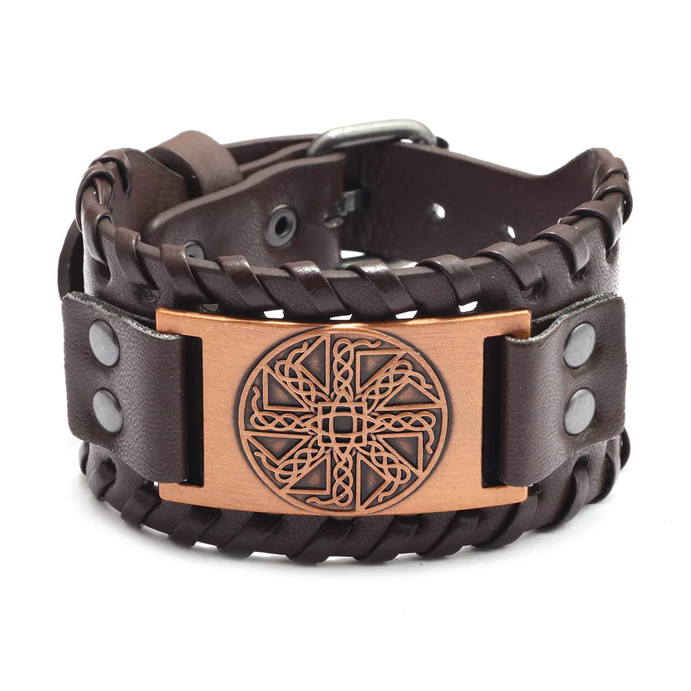 Totem Design Wide Leather Pirate Compass Bracelet - Men's Celtic Viking Jewelry, Party Gift Accessories