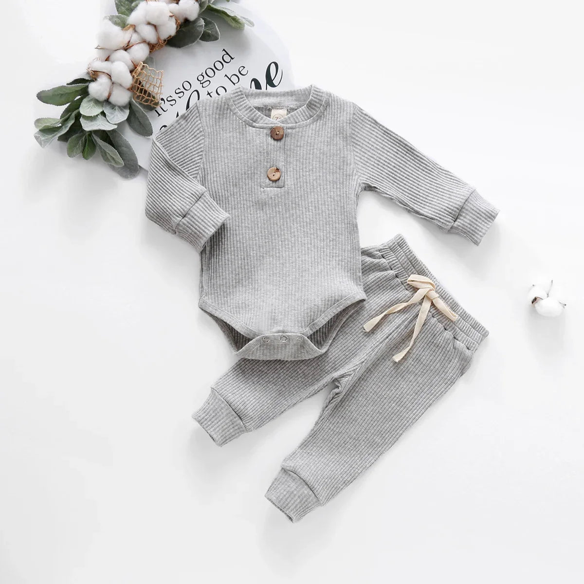 Unisex Baby 2-Piece Outfit Set - Long-Sleeve Ribbed or Plaid Bodysuit with Elastic Pants for Spring & Autumn