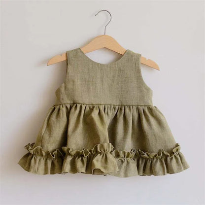 Baby Girls Cotton Linen Tutu Dress - 3 Layer Summer Ruffle Lace Strap Breathable Cake Dress Outfit