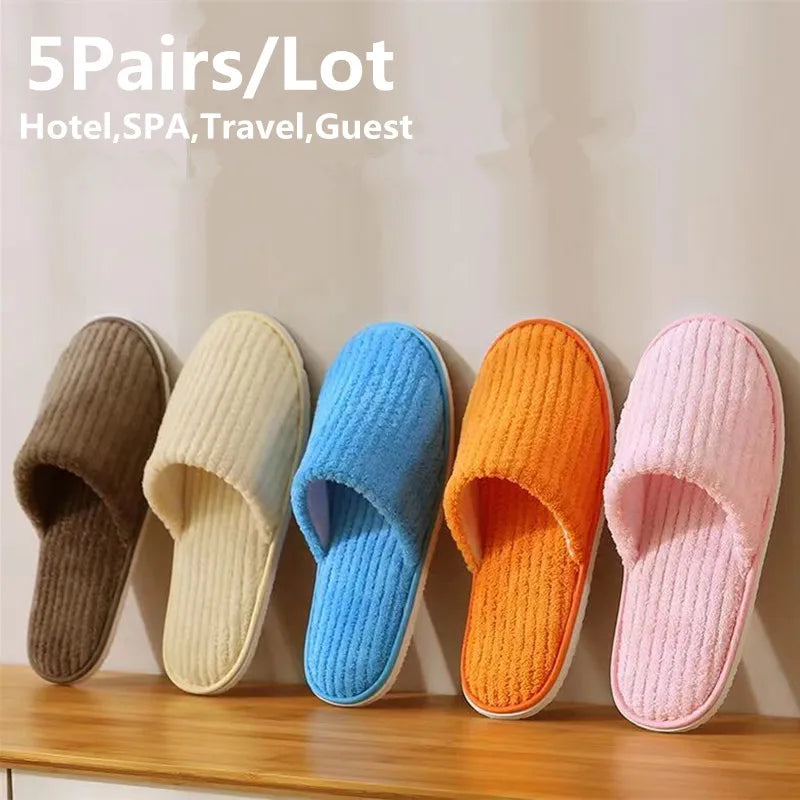 5 Pairs Mix Color Disposable Hotel Slippers – Cotton Non-Slip Slides for Men & Women Home, Travel, SPA & Hospitality Use