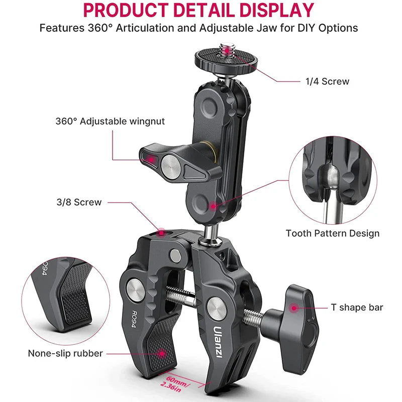 Ulanzi R094 Metal Super Clamp with 360° Ball Head Magic Arm, 1/4" & 3/8" Holes for DSLR Camera, Monitor, Light, Mic, and Rod Mount