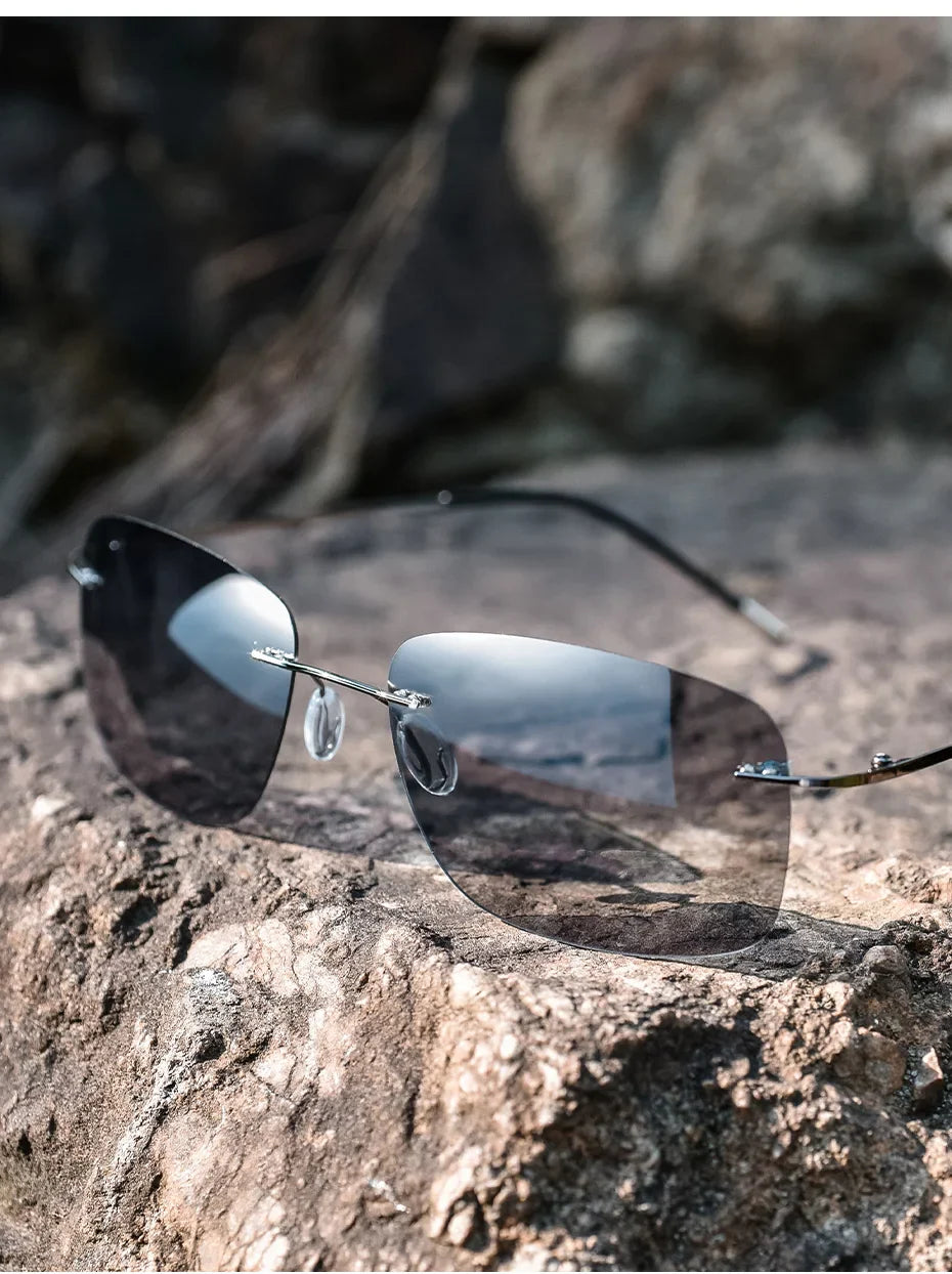 CAPONI Square Photochromic Polarized Sunglasses for Men - Rimless, Classic Design, UV400 Protection Eyewear (BS7467)