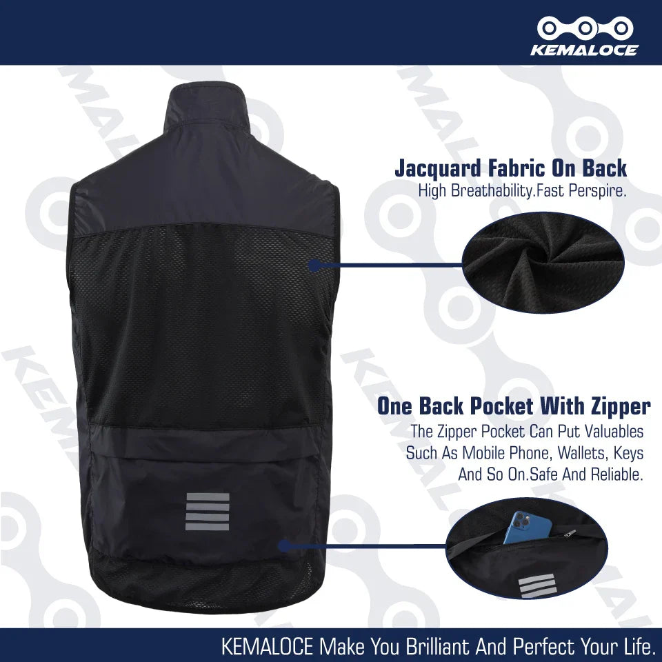KEMALOCE 2023 Cycling Vest - Navy Blue Windproof Sleeveless Bicycle Gilet, Lightweight MTB Sports Wind Vest for Men