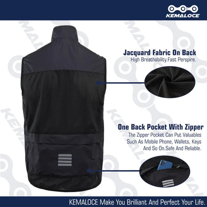 KEMALOCE 2023 Cycling Vest - Navy Blue Windproof Sleeveless Bicycle Gilet, Lightweight MTB Sports Wind Vest for Men