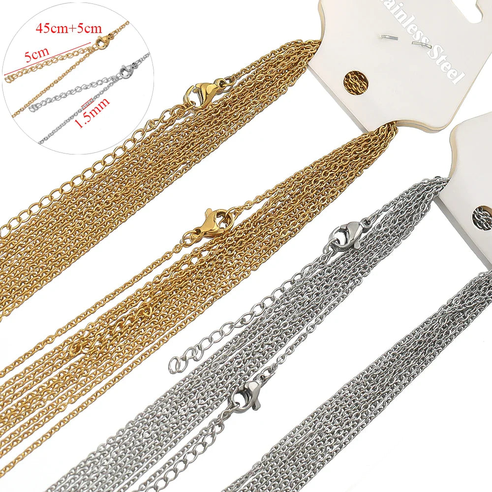 10pcs Gold Stainless Steel Link Chains – 45+5cm Adjustable Necklaces, Fashion Jewelry Chokers for DIY