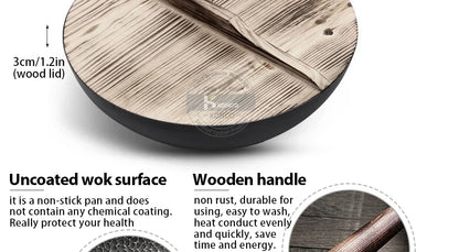 Konco 32cm Cast Iron Wok – Non-Coated Chinese Cookware Pan for Gas & Induction Kitchen Use