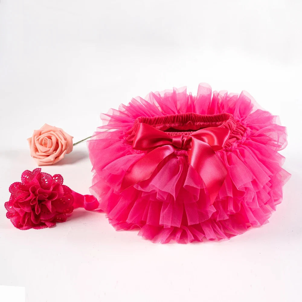 Baby Girl Tutu Bloomers Set - Newborn Tulle Lace Diaper Cover with Flower Headband Outfit
