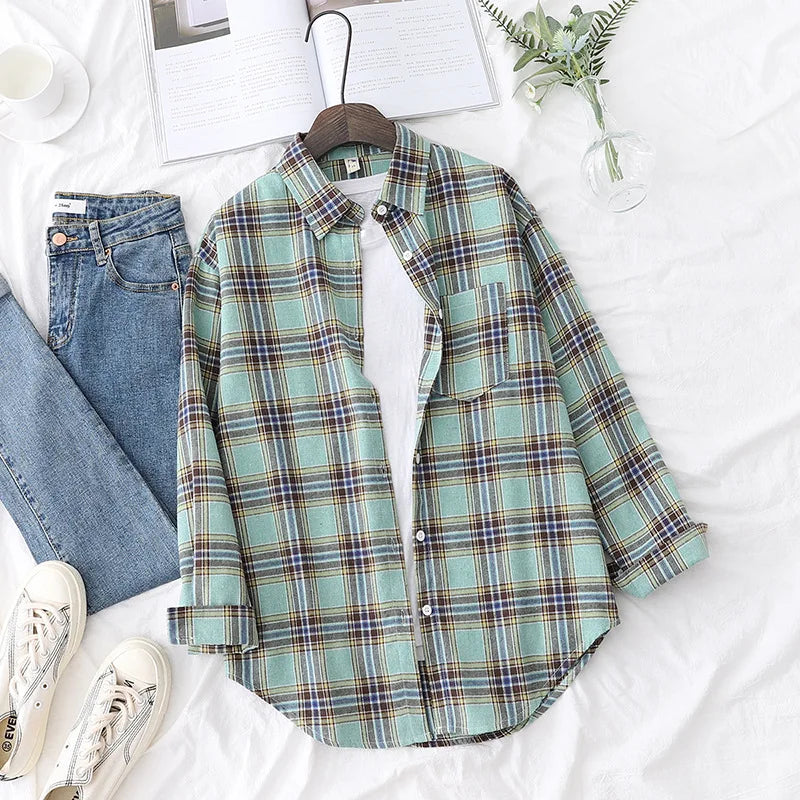 2025 Women’s Flannel Plaid Shirt – Casual Loose Cotton Long Sleeve Blouse, Designer Style Tops