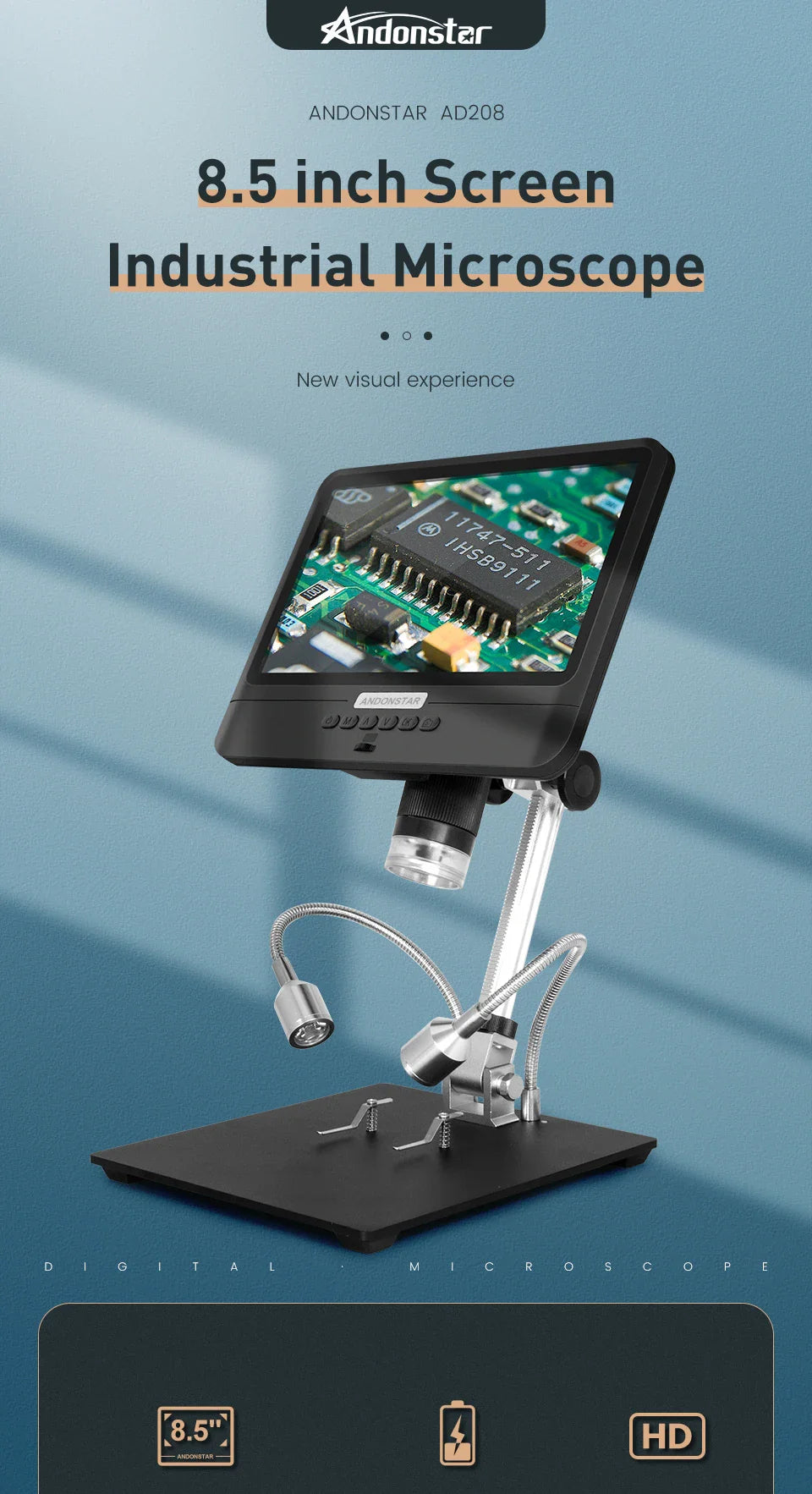 Andonstar AD208 Digital Microscope – 8.5" Adjustable LCD, 1080P HD, Black, Soldering Tool