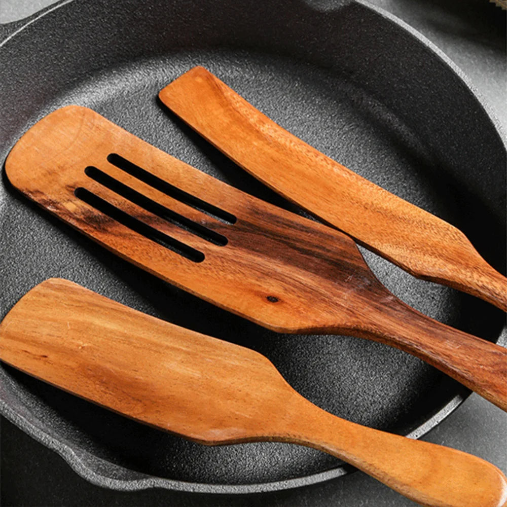 1-9pcs Teak Wood Tableware Set – Natural Wooden Cooking Spoons, Colander Spoon & Soup Skimmer Kitchen Tool Kit