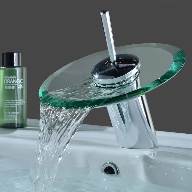 Colorful Glass Waterfall Bathroom Faucet – Chrome Deck Mounted Basin Sink Tap with Single Lever Mixer