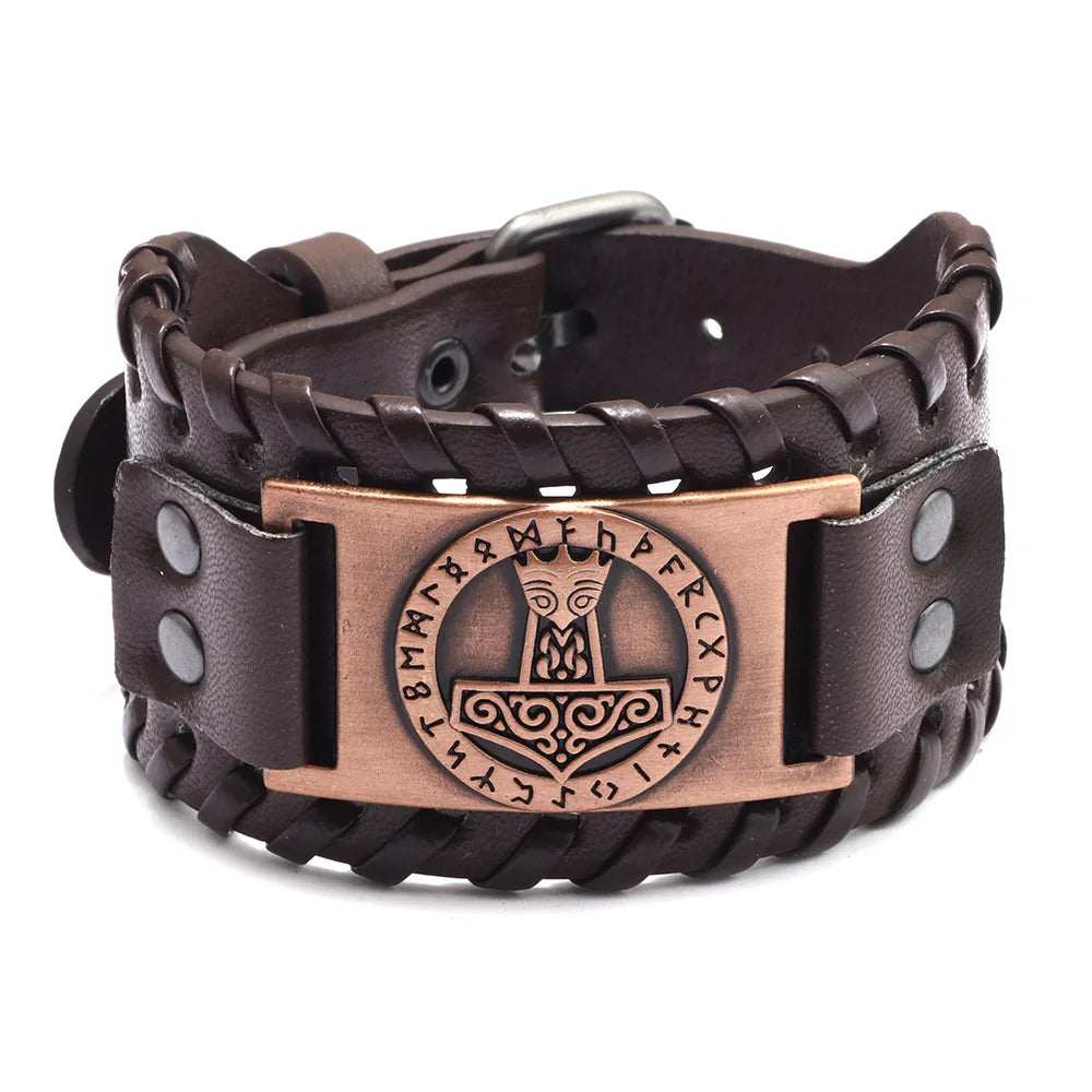Totem Design Wide Leather Pirate Compass Bracelet - Men's Celtic Viking Jewelry, Party Gift Accessories