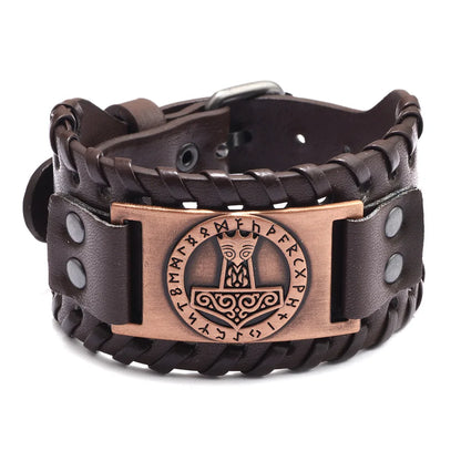 Totem Design Wide Leather Pirate Compass Bracelet - Men's Celtic Viking Jewelry, Party Gift Accessories
