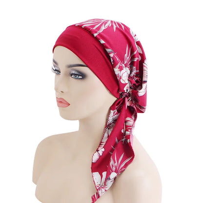 Women’s Pre-Tied Turban Cap – Muslim Hijab & Chemo Hair Loss Head Scarf with Flower Print Stretch Bandana