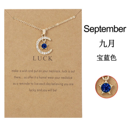 Fashion Birthstone Moon & Star Crystal Pendant Necklace – Women’s Clavicle Chain Choker Jewelry Gift for Parties & Birthdays