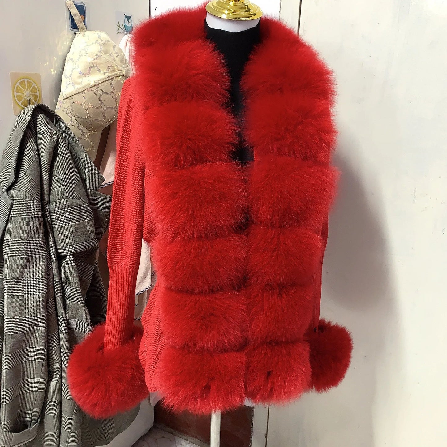 Women’s Spring & Autumn Sweater Cardigan – Real Fox Fur Collar Jacket, Natural Fur Outerwear