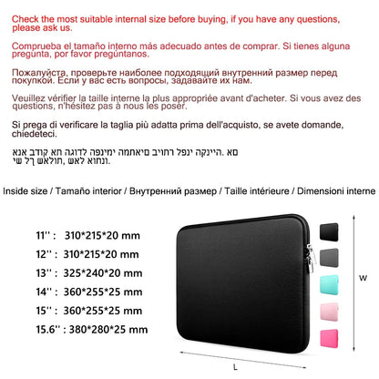 Soft Laptop Bag: Sleeve Case Cover for Xiaomi, HP, Dell, Lenovo, MacBook Air, Pro, Retina - Fits 11-15.6 Inch Notebook Computers