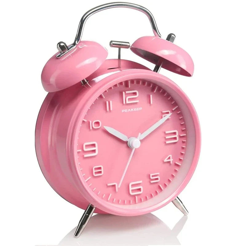 4 Inch Twin Bell Metal Alarm Clock – Loud Mechanical Desk Clock with Backlight 3D Dial, Battery Operated for Home & Office Use