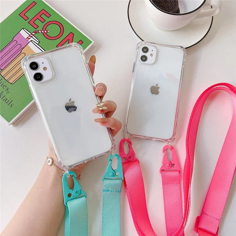 Crossbody Shoulder Strap Phone Case - Transparent Shockproof Cover for iPhone 17 Air, 16, 15, 14, 13 Pro Max & More