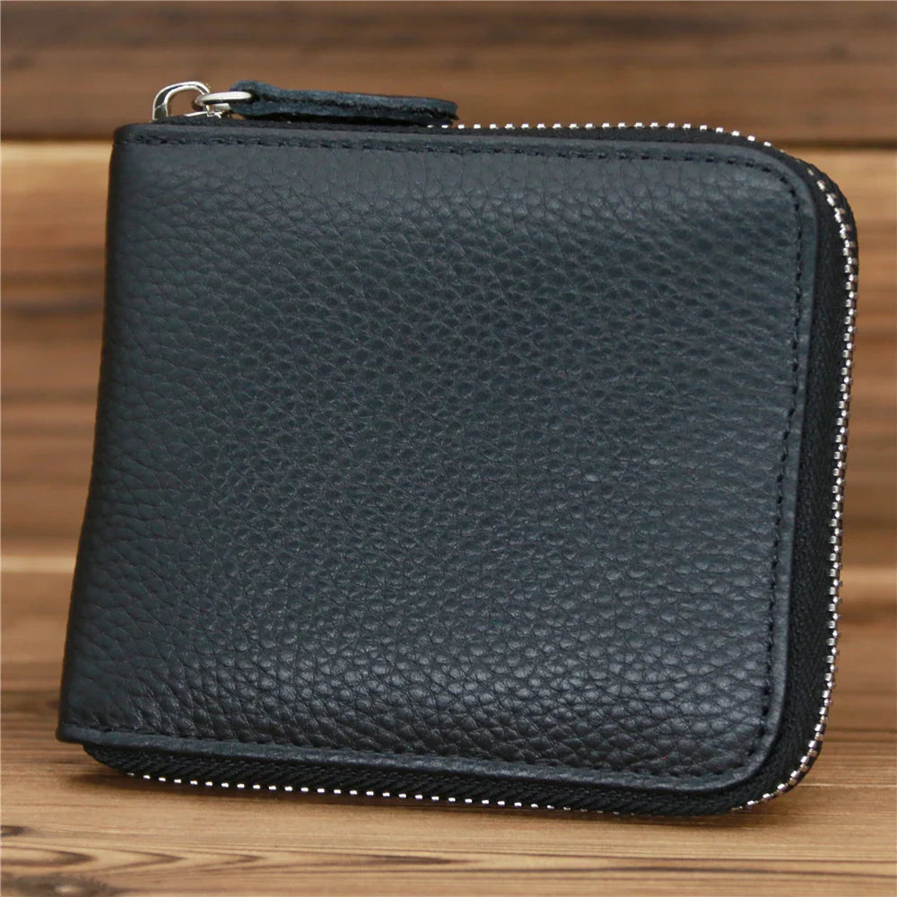 Men’s Genuine Leather Zipper Wallet – Compact Short Purse with Credit Card Slots, Cash & Coin Pocket