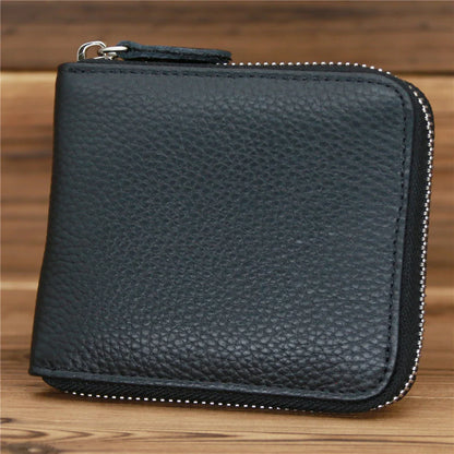 Men’s Genuine Leather Zipper Wallet – Compact Short Purse with Credit Card Slots, Cash & Coin Pocket