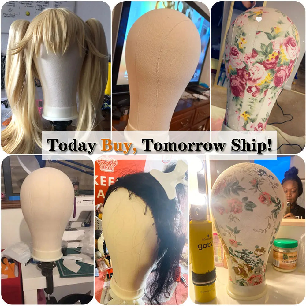 Canvas Wig Head Stand – 21-24 Inch Mannequin for Hairstyling, Wig Display & Making with Support Holder