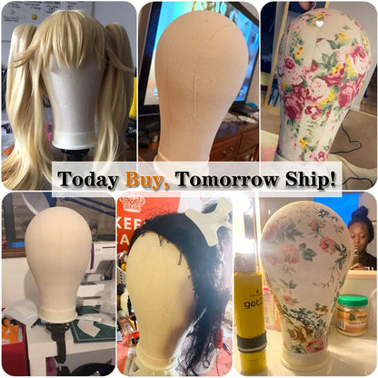 Canvas Wig Head Stand – 21-24 Inch Mannequin for Hairstyling, Wig Display & Making with Support Holder