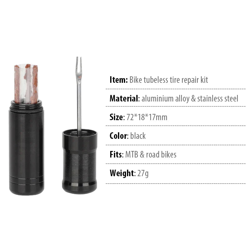 Bike Tubeless Tire Repair Kit — Slug Plug Stopper with Rubber Strips & Insertion Tool for MTB & Road Bikes