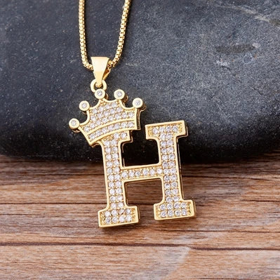 Nidin Luxury A-Z Crown Alphabet Pendant – Copper Zircon Initial Necklace Chain, Hip-Hop Style Jewelry for Men & Women