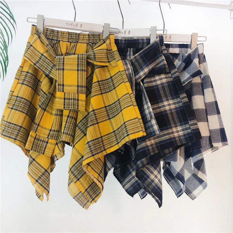 TOTRUST Women’s Fashion Asymmetrical Summer Plaid Mini Skirt – Casual College Style Fake Shirt Design