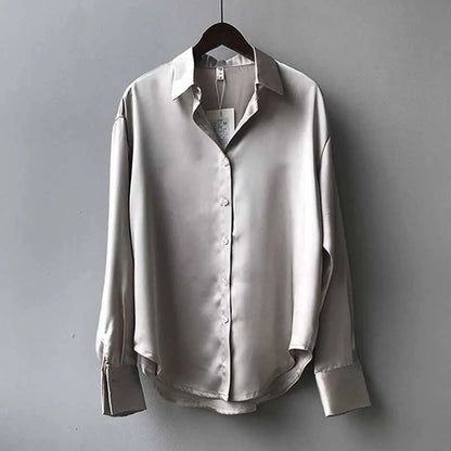 Elegant Satin Women’s Shirt — Loose Vintage Blouse with Turn-Down Collar for Spring & Autumn