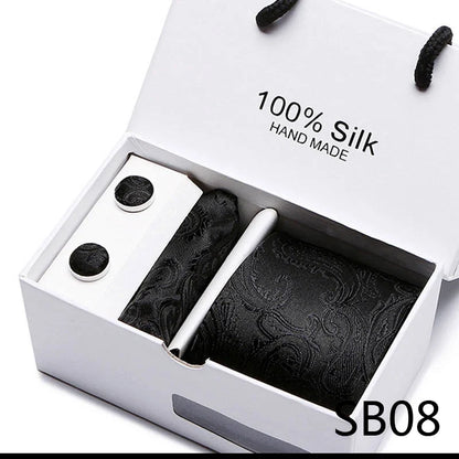 100% Silk Tie Gift Set - Classic Striped Wedding Necktie with Handkerchief for Men