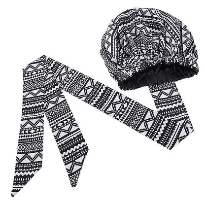 African Print Satin Bonnet with Long Ribbon - Double-Layer Ankara Hair Wrap Cap for Women, Large Size Head Cover