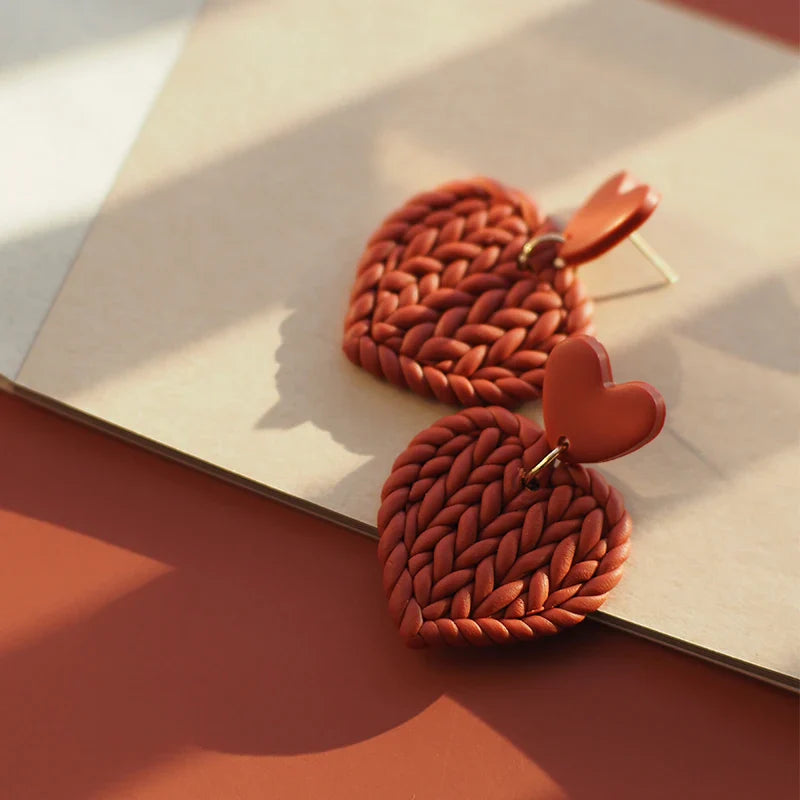 Handmade Knitted Heart-Shaped Polymer Clay Earrings – Braided Multi-Color Dangle Jewelry Set, Cute Love Gift