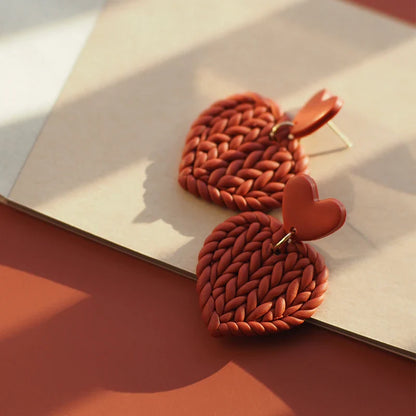 Handmade Knitted Heart-Shaped Polymer Clay Earrings – Braided Multi-Color Dangle Jewelry Set, Cute Love Gift