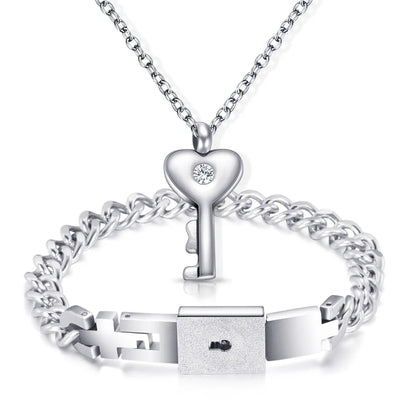 Couple Jewelry Set – Stainless Steel Love Heart Lock Bracelets & Key Pendant Necklace for Men & Women Gift