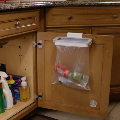 Kitchen Trash Storage Rack with Hanging Garbage Bag Hook - Multi-Use Scouring Pad Dry Shelf Holder and Dish Organizer