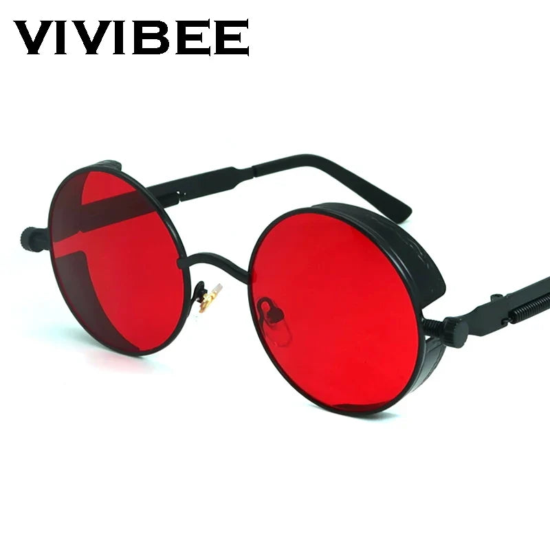 VIVIBEE Vintage Steampunk Red Sunglasses — 2025 Round Punk Alloy Metal Retro Goggles for Men & Women, Gothic Style Shades