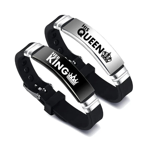 2 Pcs/Set His Queen Her King Couple Bracelets - Stainless Steel Adjustable Silicone Strap Bangles for Valentine's Day Gift