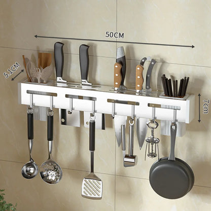 Organize Your Kitchen: Stainless Steel Wall Mounted Knife Holder Shelf - Nail-Free Storage Rack with Hooks for Cutlery - Cabinet Organizer for a Clutter-Free Kitchen