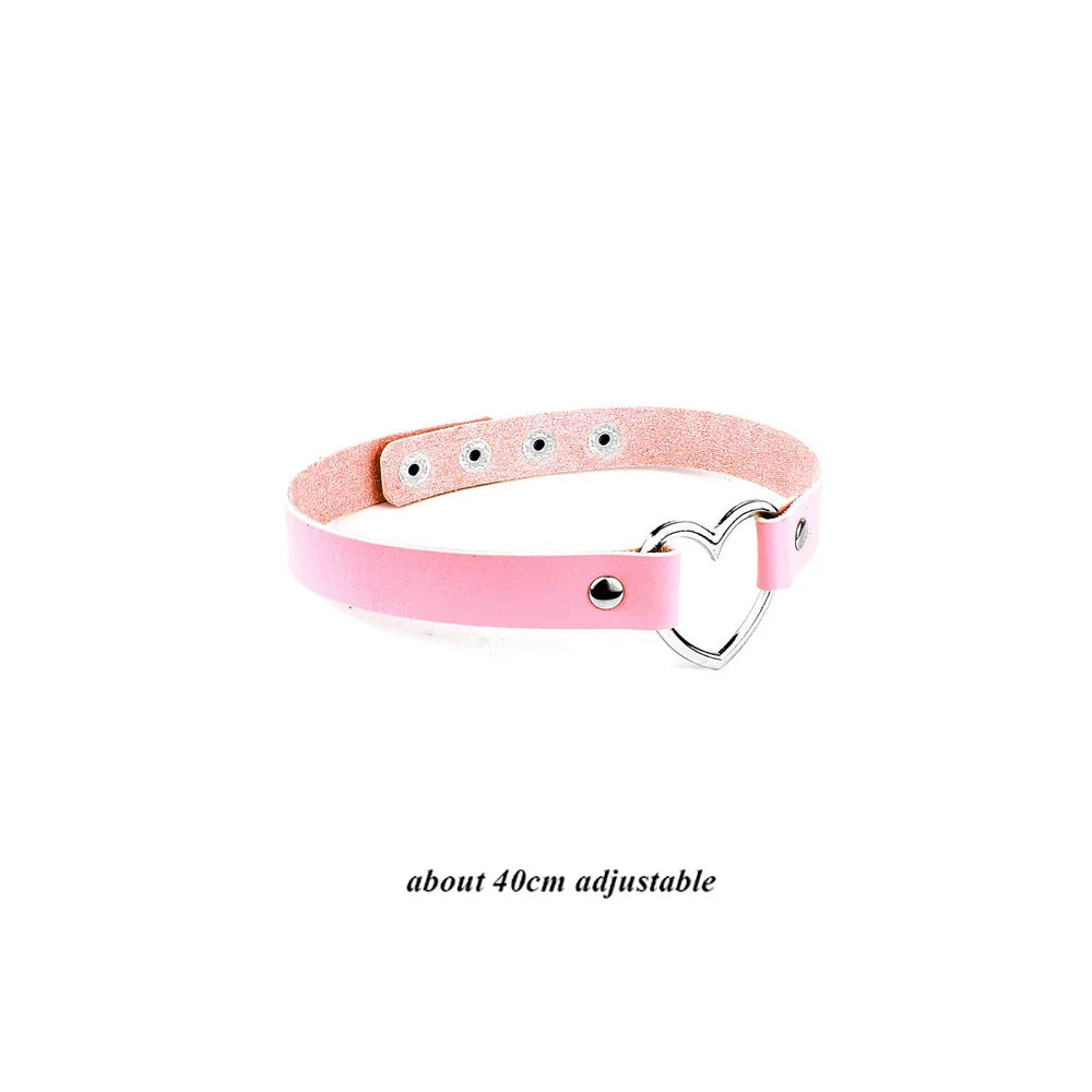 Pink Gothic Collar Necklace – Trendy Rock Leather Heart with Rivets, Harajuku Punk Choker Jewelry for Women, Gift Idea