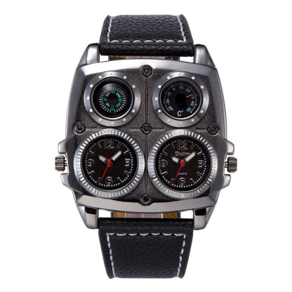 Oulm Men’s Two Time Zone Army Pilot Watch — Large Military Quartz Leather Strap Wristwatch