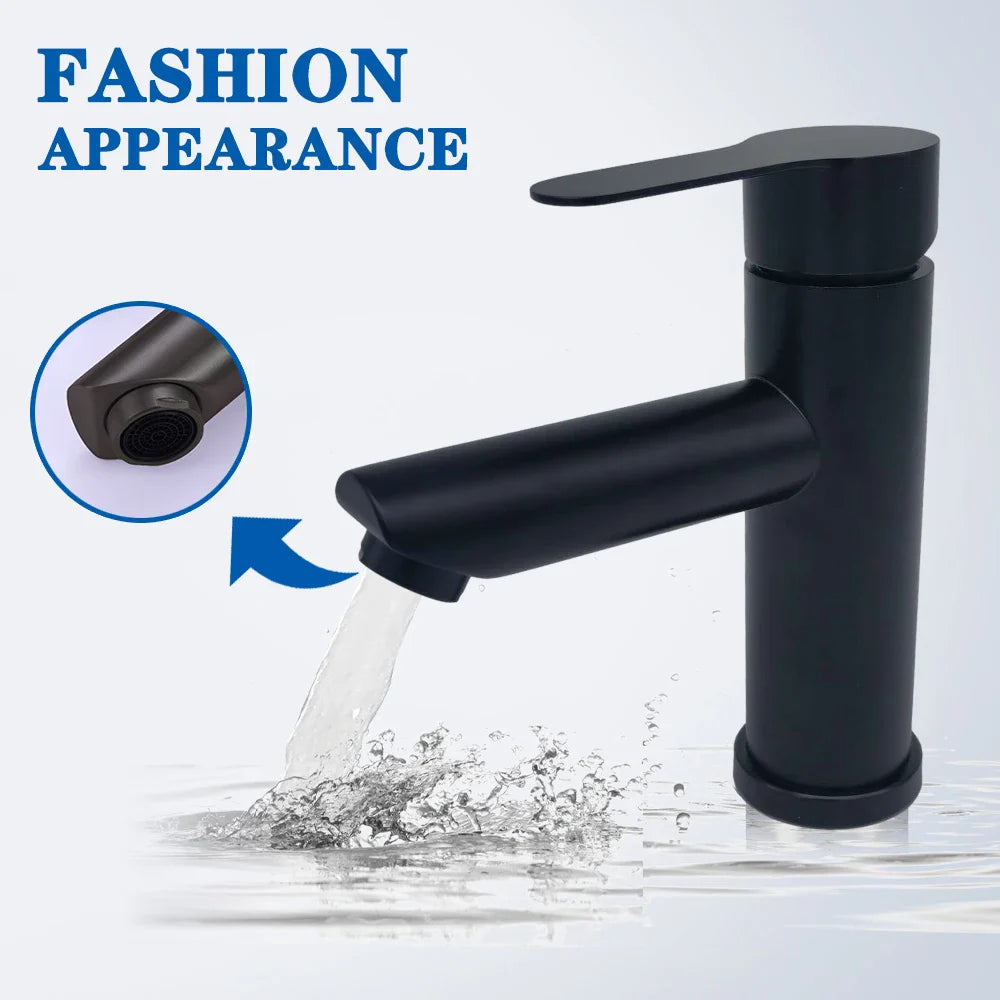 Matte Black Basin Sink Faucet - Deck Mounted Hot & Cold Water Mixer Tap for Bathroom Lavatory Sink (Hose Not Included)