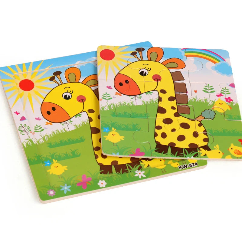Hot Sale 9/12-Piece Wooden Puzzle Set — Cartoon Vehicles & Animals Educational Learning Toys for Kids, Perfect Gift