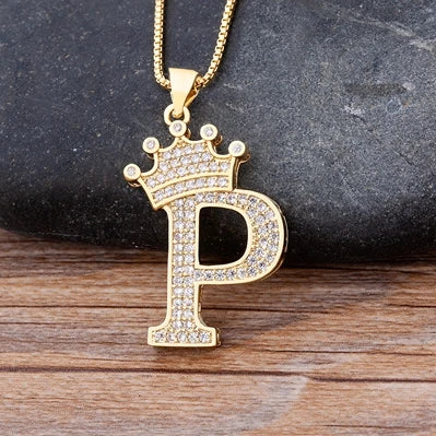 Nidin Luxury A-Z Crown Alphabet Pendant – Copper Zircon Initial Necklace Chain, Hip-Hop Style Jewelry for Men & Women